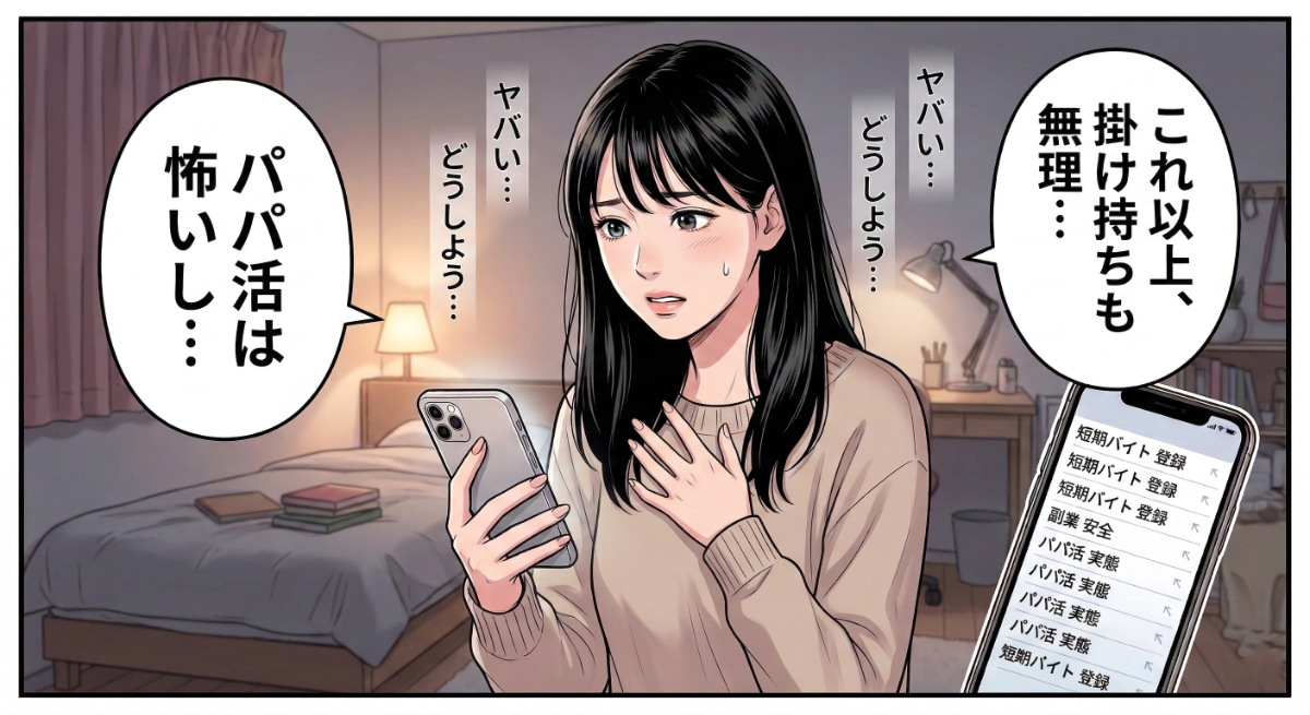 早く現金が必要で悩む女性を描いた漫画
